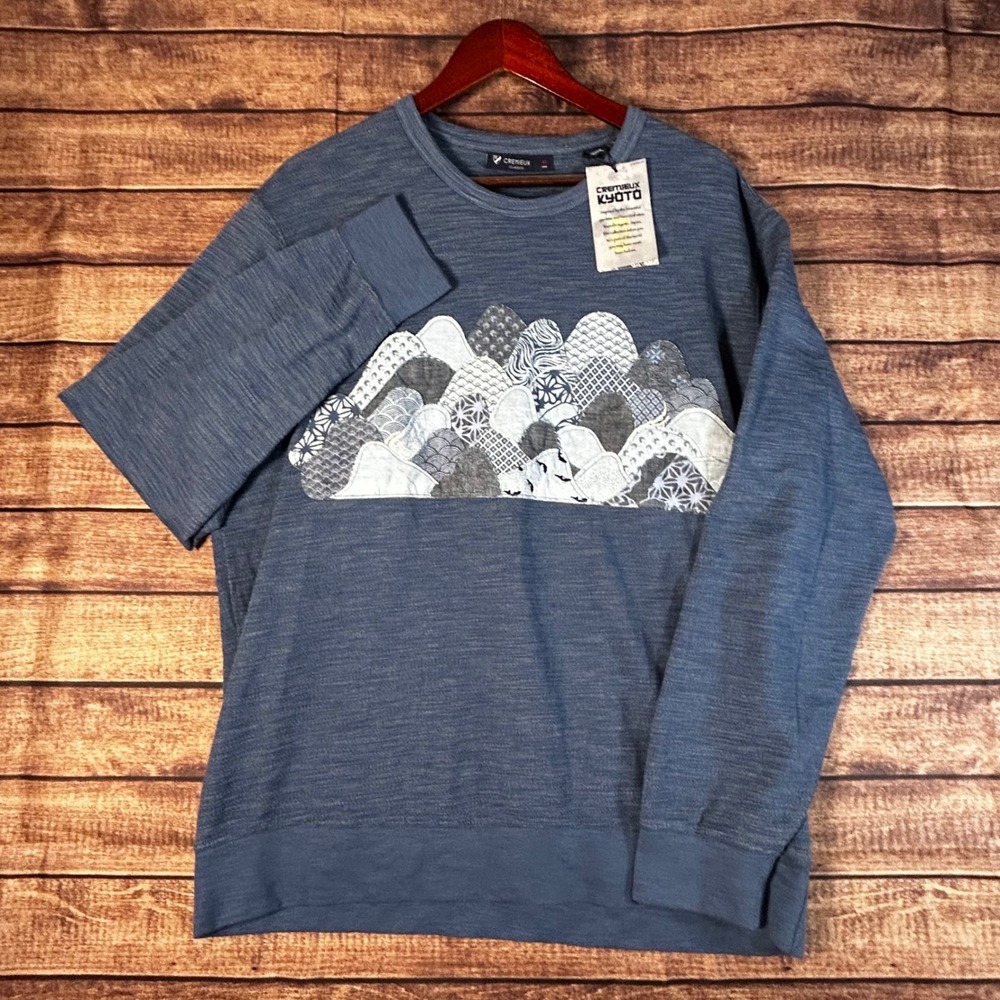Cremieux Kyoto Collection Mens XL Blue Mountain Applique Crewneck Sweatshirt NEW